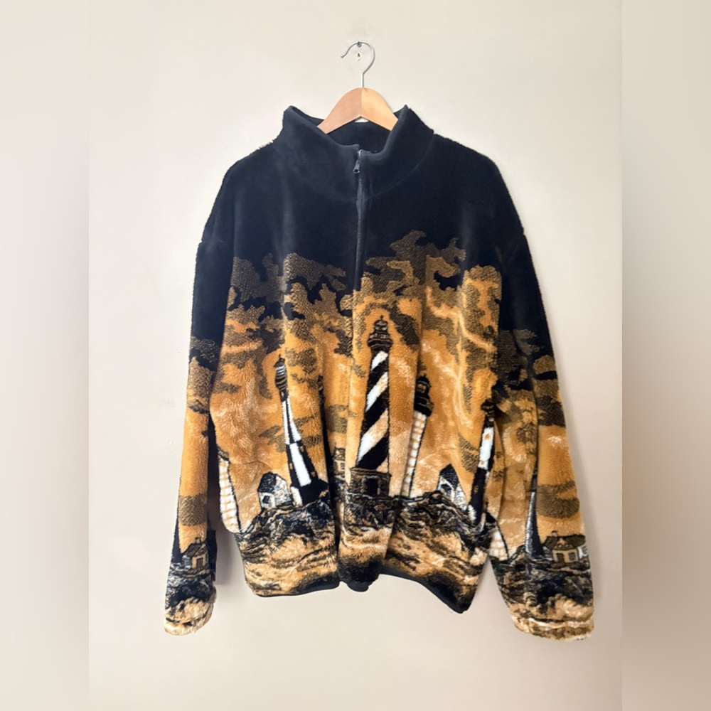 WHIMZICALS 90s vintage lighthouse Sherpa fleece zip up jacket sz 3X EUC cottage